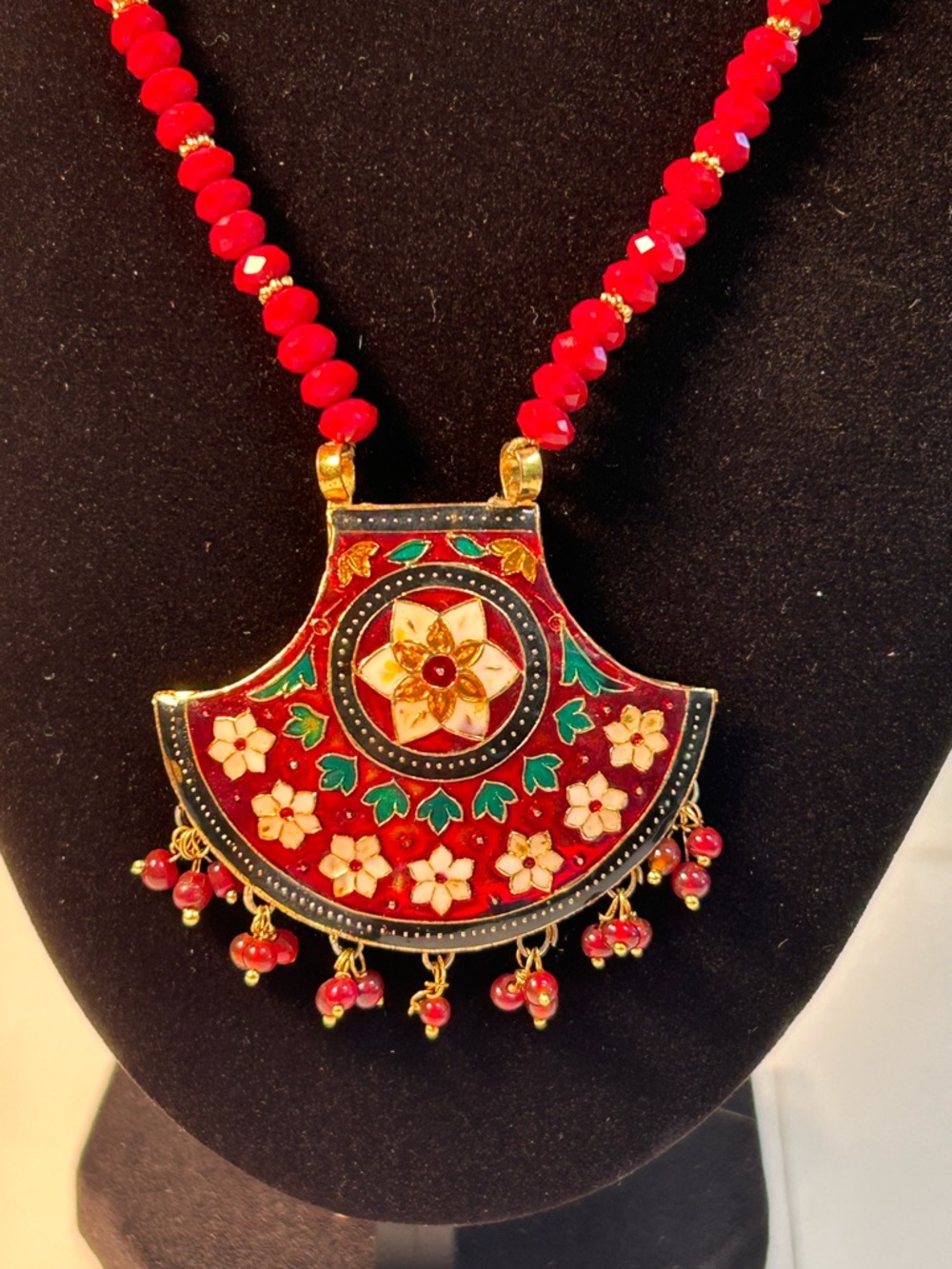 Traditional Indian Meenakari Necklace Hand Painted Enamel Red Gemstone Beads 24”
